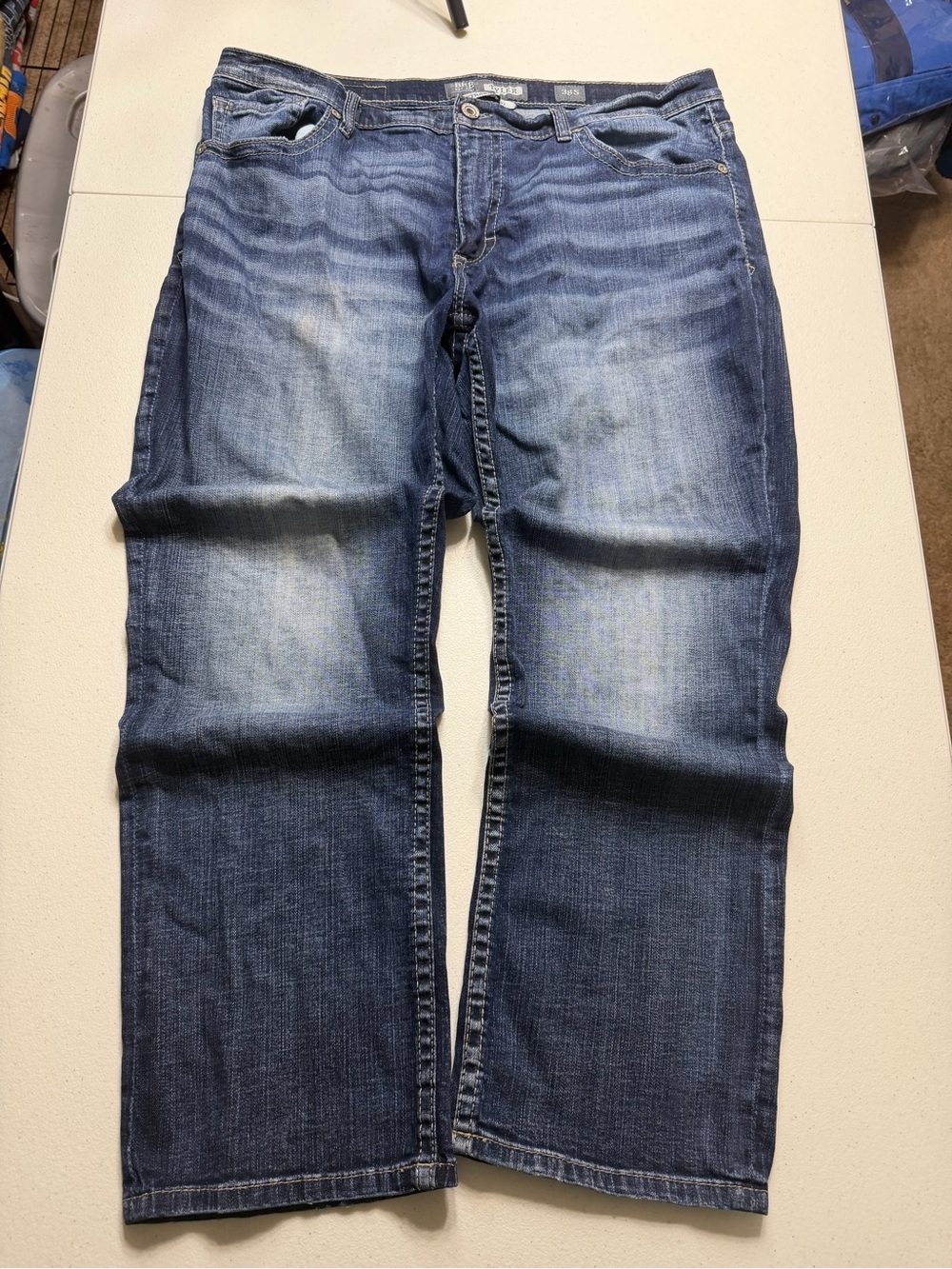BKE tyler jeans men 38s blue straight fit medium wash grunge 5-pocket whiskered